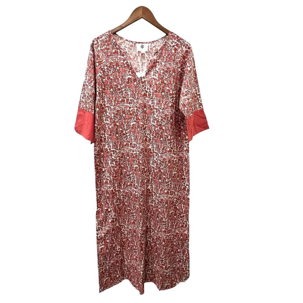 Pomegranate Kaftan Caftan Dress Womens XS Orange Bird Floral Long Cotton Boho